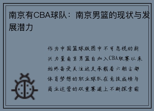 南京有CBA球队：南京男篮的现状与发展潜力