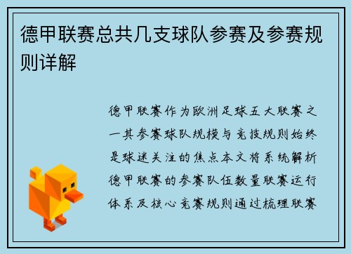 德甲联赛总共几支球队参赛及参赛规则详解