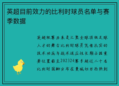 英超目前效力的比利时球员名单与赛季数据